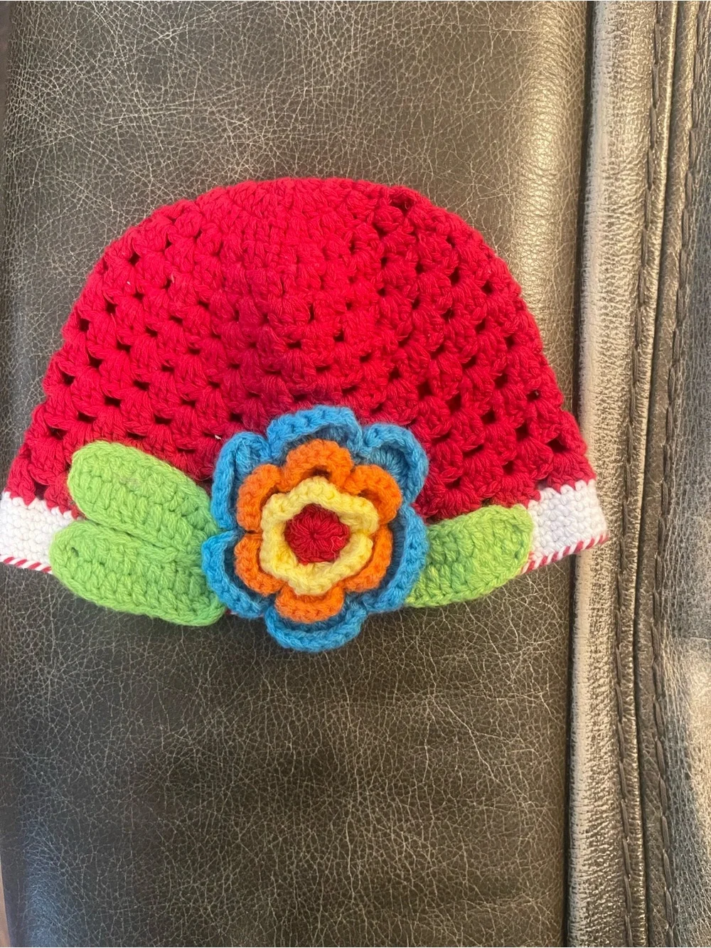 Crocheted Kids Flower Beanie Hat - Red with Multicolor Flower